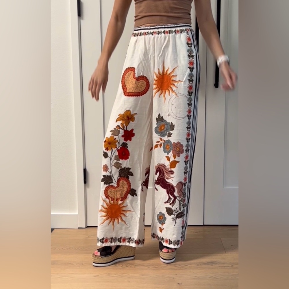 Cream Wide-Leg Boho Pants with Celestial Floral Motif
